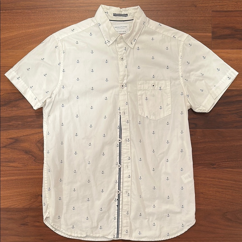 Denim & Flower White and Blue Casual Button Down Shirt